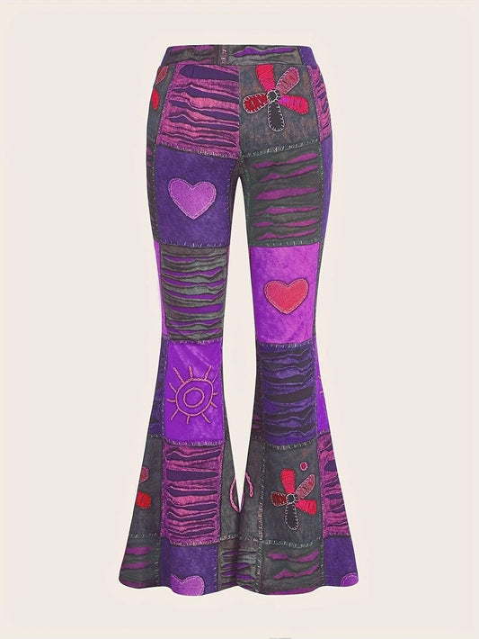 Patchwork Print Flare Leg Pants, Vintage High Waist Slim Pants For Spring & Fall, Women's Clothing SS69