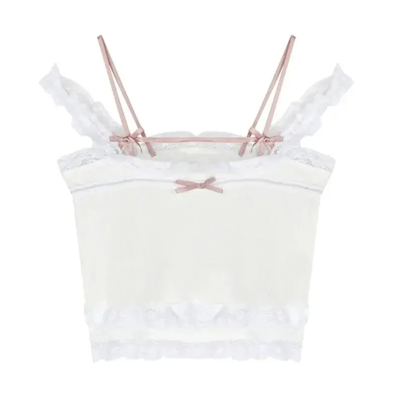 Pink Japanese Kawaii Lolita Crop Top Women White Korean College Style Sweet Tank Top Bow Lace France Princess Vset Female 2025 SS69
