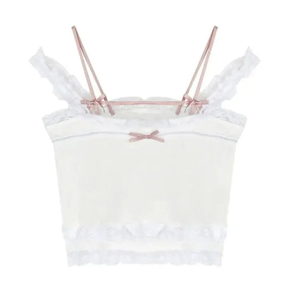 Pink Japanese Kawaii Lolita Crop Top Women White Korean College Style Sweet Tank Top Bow Lace France Princess Vset Female 2025 SS69