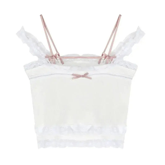 Pink Japanese Kawaii Lolita Crop Top Women White Korean College Style Sweet Tank Top Bow Lace France Princess Vset Female 2025 SS69