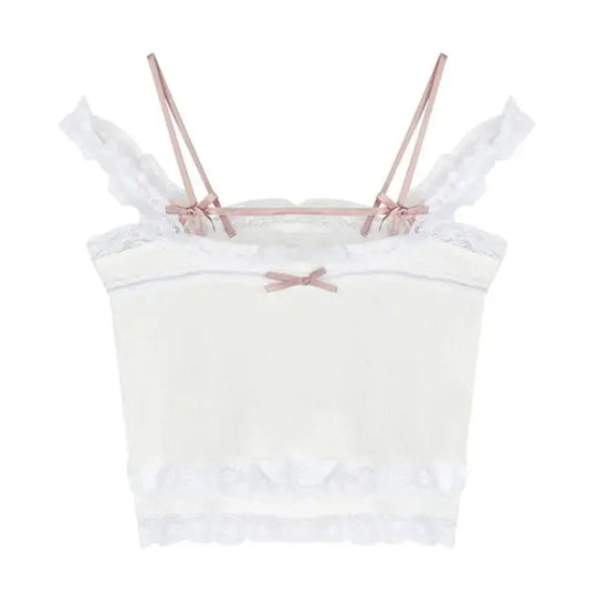 Pink Japanese Kawaii Lolita Crop Top Women White Korean College Style Sweet Tank Top Bow Lace France Princess Vset Female 2025 SS69