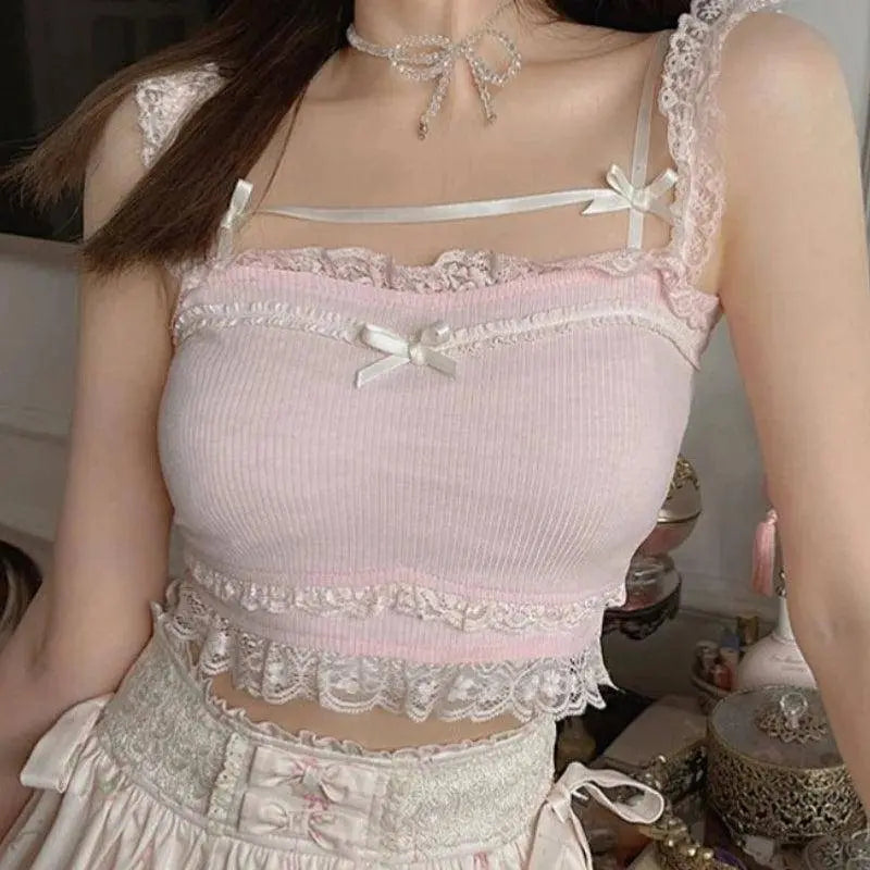 Pink Japanese Kawaii Lolita Crop Top Women White Korean College Style Sweet Tank Top Bow Lace France Princess Vset Female 2025 SS69