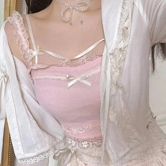 Pink Japanese Kawaii Lolita Crop Top Women White Korean College Style Sweet Tank Top Bow Lace France Princess Vset Female 2025 SS69