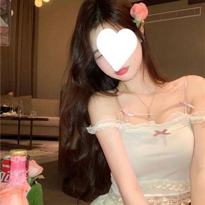 Pink Japanese Kawaii Lolita Crop Top Women White Korean College Style Sweet Tank Top Bow Lace France Princess Vset Female 2025 SS69