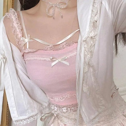 Pink Japanese Kawaii Lolita Crop Top Women White Korean College Style Sweet Tank Top Bow Lace France Princess Vset Female 2025 SS69