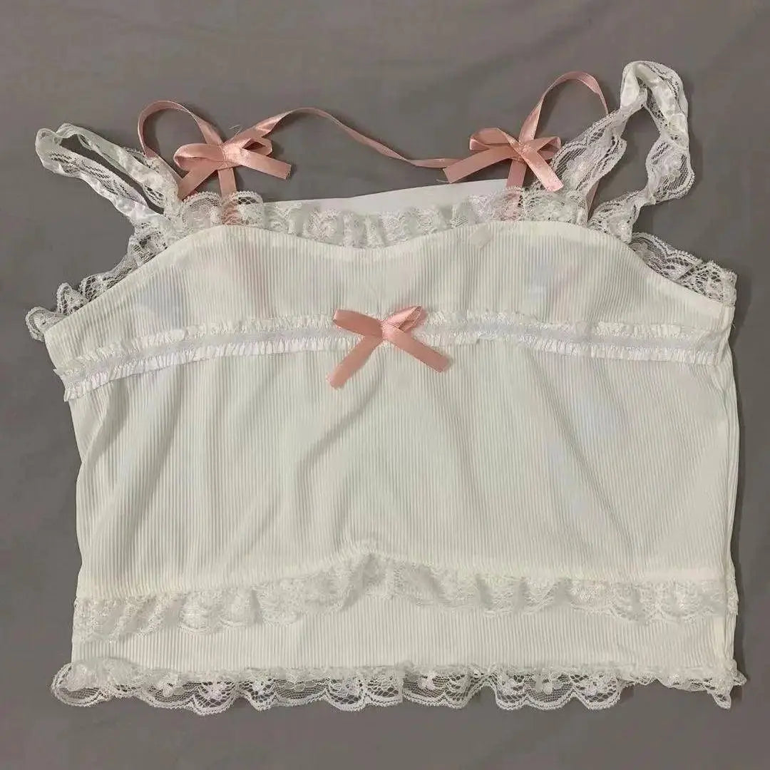Pink Japanese Kawaii Lolita Crop Top Women White Korean College Style Sweet Tank Top Bow Lace France Princess Vset Female 2025 SS69