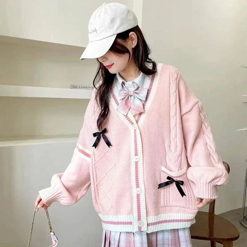 Pink Sweet Women Cardigan Korean Bow Knitted Long Sleeve Female Sweater Jk Preppy Style New Kawaii V Neck Ladies Casual Coats SS69
