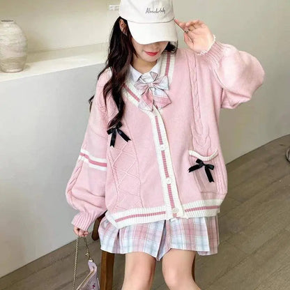 Pink Sweet Women Cardigan Korean Bow Knitted Long Sleeve Female Sweater Jk Preppy Style New Kawaii V Neck Ladies Casual Coats SS69
