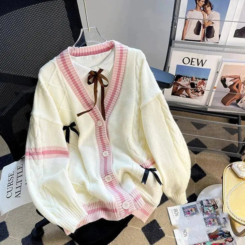 Pink Sweet Women Cardigan Korean Bow Knitted Long Sleeve Female Sweater Jk Preppy Style New Kawaii V Neck Ladies Casual Coats SS69