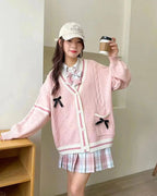 Pink Sweet Women Cardigan Korean Bow Knitted Long Sleeve Female Sweater Jk Preppy Style New Kawaii V Neck Ladies Casual Coats SS69