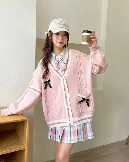 Pink Sweet Women Cardigan Korean Bow Knitted Long Sleeve Female Sweater Jk Preppy Style New Kawaii V Neck Ladies Casual Coats SS69