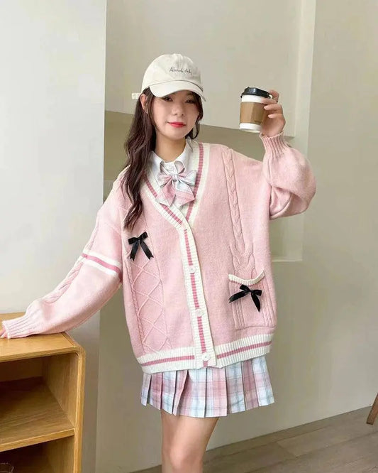 Pink Sweet Women Cardigan Korean Bow Knitted Long Sleeve Female Sweater Jk Preppy Style New Kawaii V Neck Ladies Casual Coats SS69