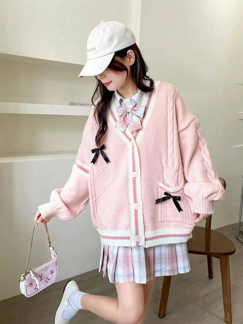 Pink Sweet Women Cardigan Korean Bow Knitted Long Sleeve Female Sweater Jk Preppy Style New Kawaii V Neck Ladies Casual Coats SS69