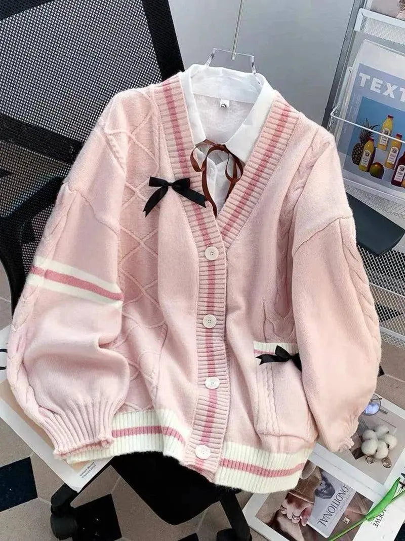 Pink Sweet Women Cardigan Korean Bow Knitted Long Sleeve Female Sweater Jk Preppy Style New Kawaii V Neck Ladies Casual Coats SS69