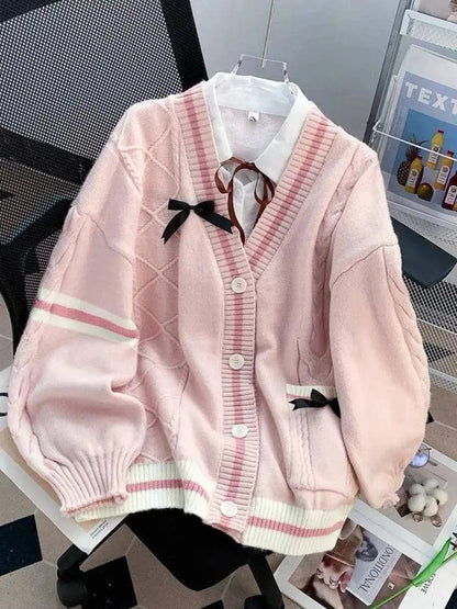 Pink Sweet Women Cardigan Korean Bow Knitted Long Sleeve Female Sweater Jk Preppy Style New Kawaii V Neck Ladies Casual Coats SS69