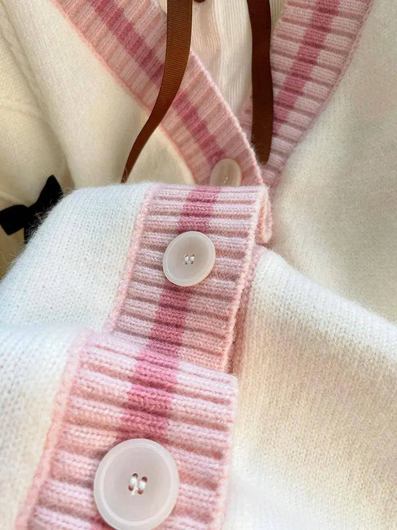 Pink Sweet Women Cardigan Korean Bow Knitted Long Sleeve Female Sweater Jk Preppy Style New Kawaii V Neck Ladies Casual Coats SS69