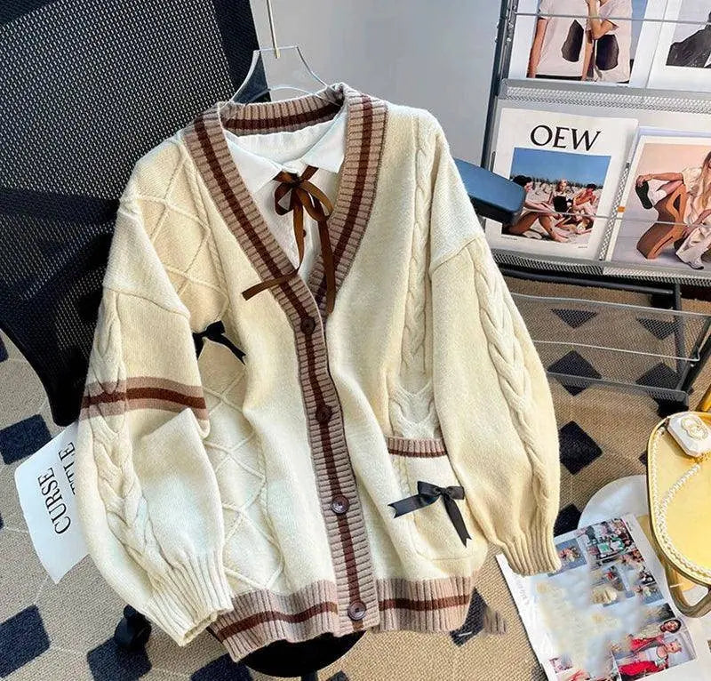 Pink Sweet Women Cardigan Korean Bow Knitted Long Sleeve Female Sweater Jk Preppy Style New Kawaii V Neck Ladies Casual Coats SS69