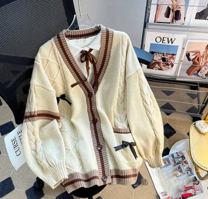 Pink Sweet Women Cardigan Korean Bow Knitted Long Sleeve Female Sweater Jk Preppy Style New Kawaii V Neck Ladies Casual Coats SS69