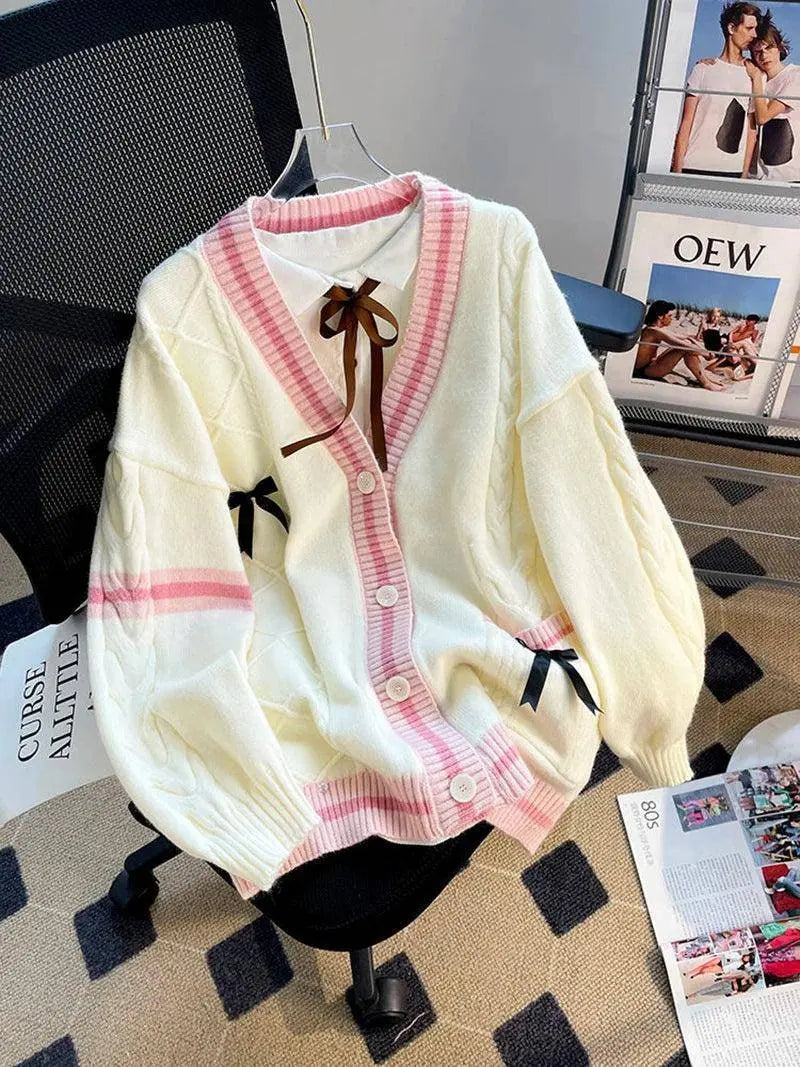 Pink Sweet Women Cardigan Korean Bow Knitted Long Sleeve Female Sweater Jk Preppy Style New Kawaii V Neck Ladies Casual Coats SS69