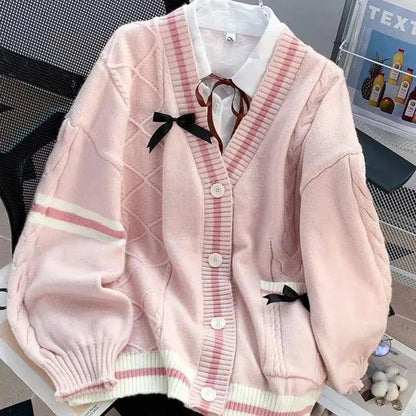 Pink Sweet Women Cardigan Korean Bow Knitted Long Sleeve Female Sweater Jk Preppy Style New Kawaii V Neck Ladies Casual Coats SS69 27.69 Pink / XL