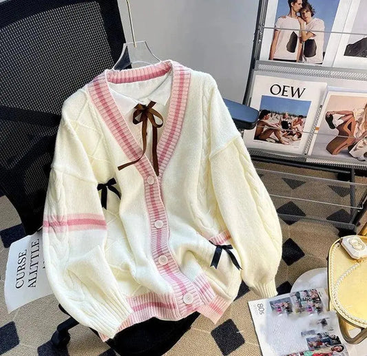 Pink Sweet Women Cardigan Korean Bow Knitted Long Sleeve Female Sweater Jk Preppy Style New Kawaii V Neck Ladies Casual Coats SS69