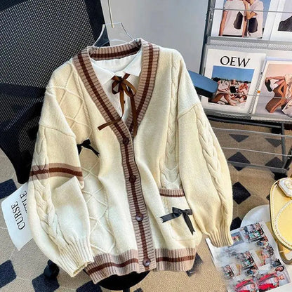 Pink Sweet Women Cardigan Korean Bow Knitted Long Sleeve Female Sweater Jk Preppy Style New Kawaii V Neck Ladies Casual Coats SS69 27.69 Khaki / XXL