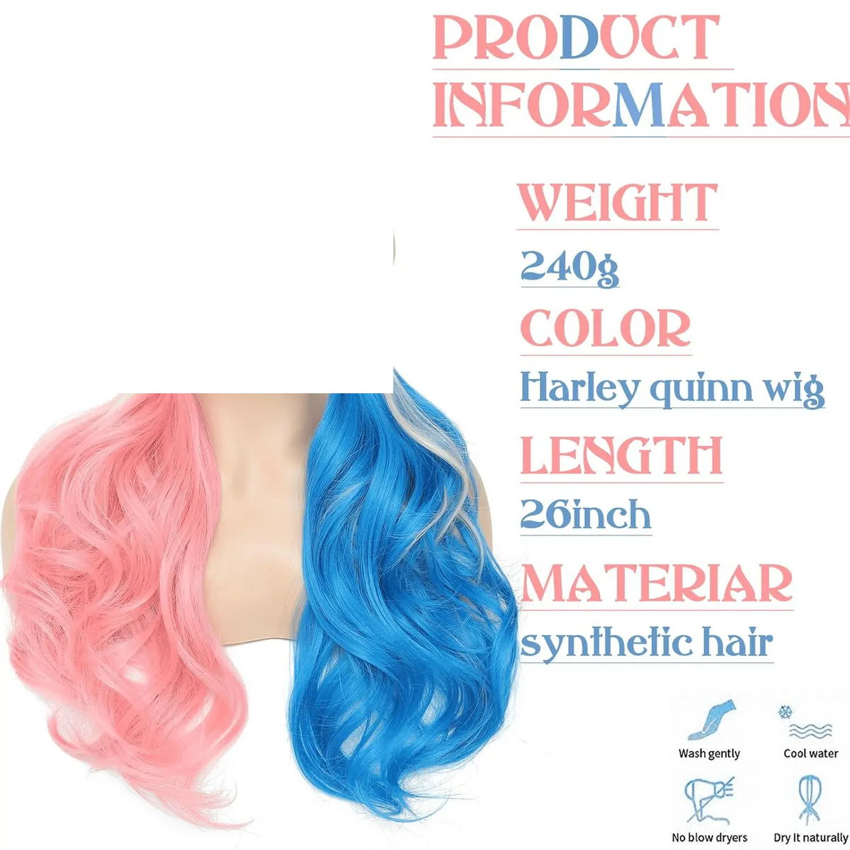 Pink and Blue Long Curly Wigs for Cosplay, Halloween, Party Show, Daily Use - Suicide Squad Harley Quinn - SS69