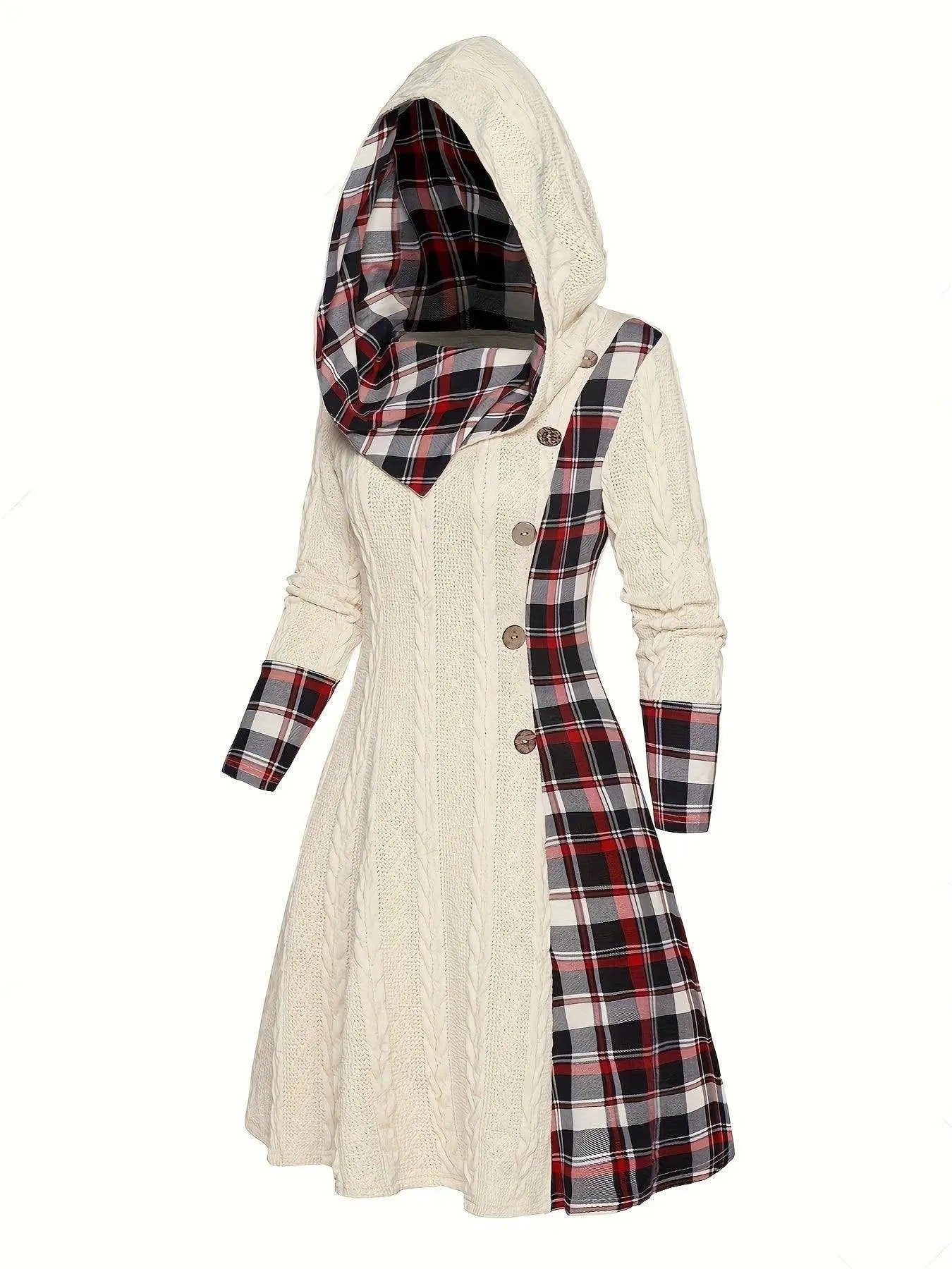 Plaid Print Splicing Hooded Dress, Casual Long Sleeve A Line Dress, Women's Clothing SS69