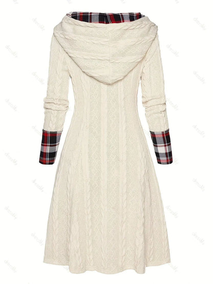 Plaid Print Splicing Hooded Dress, Casual Long Sleeve A Line Dress, Women's Clothing SS69