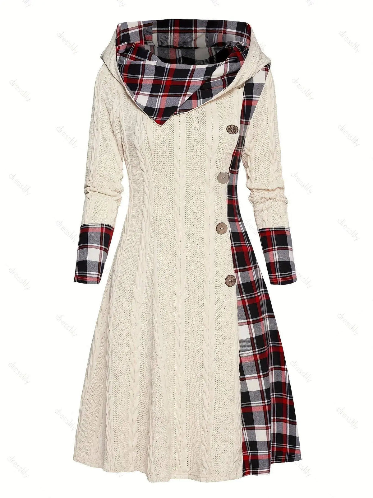 Plaid Print Splicing Hooded Dress, Casual Long Sleeve A Line Dress, Women's Clothing SS69