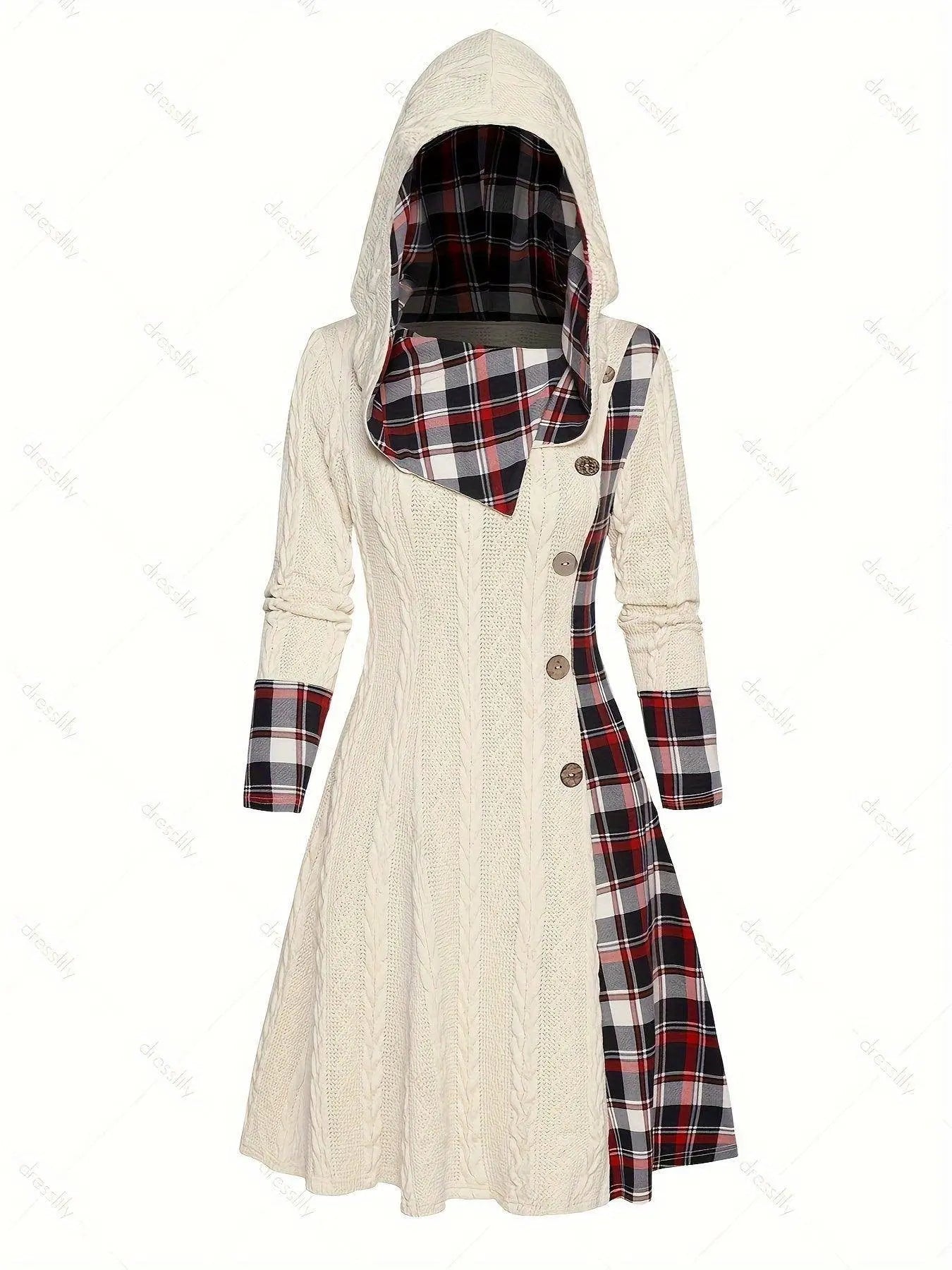 Plaid Print Splicing Hooded Dress, Casual Long Sleeve A Line Dress, Women's Clothing SS69
