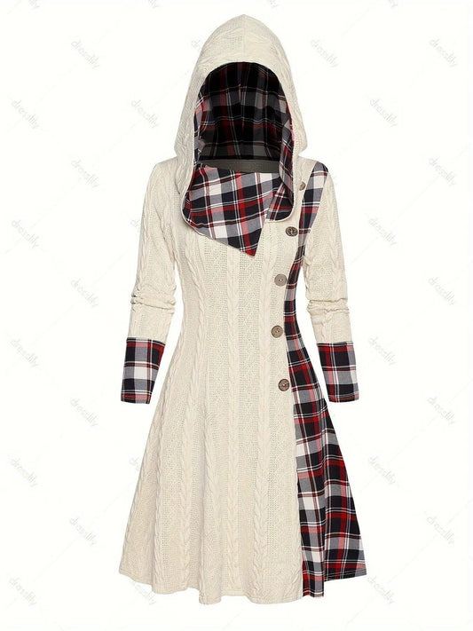 Plaid Print Splicing Hooded Dress, Casual Long Sleeve A Line Dress, Women's Clothing SS69