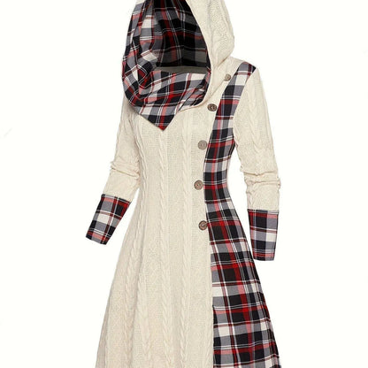 Plaid Print Splicing Hooded Dress, Casual Long Sleeve A Line Dress, Women's Clothing SS69 33.69 Apricot / XXL(50)