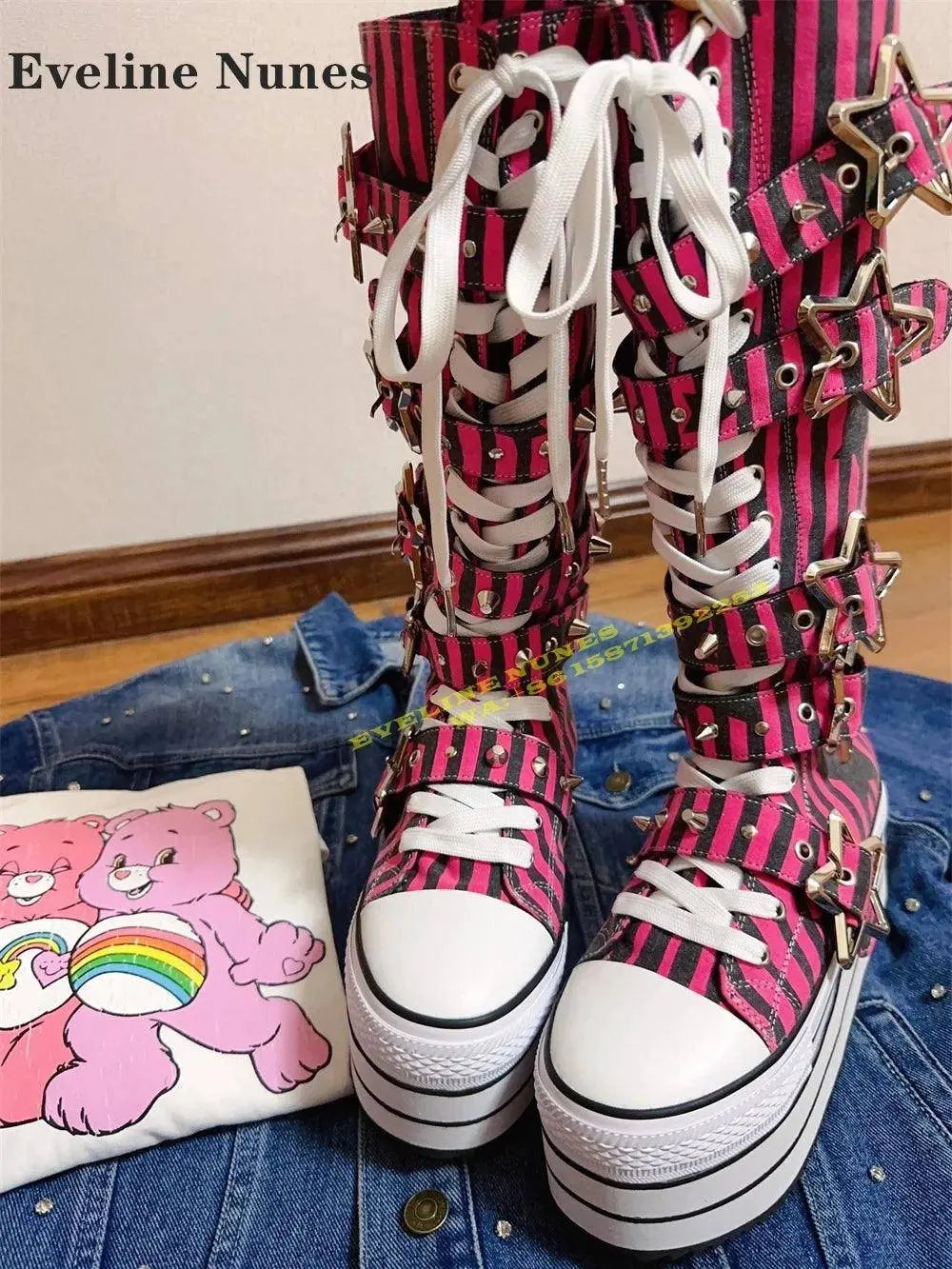 Platform Cross Tied Canvas Fashion Modern Boots Round Toe Height Increasing Metal Star Buckle Mixed Colors Knee High Boots 2024 SS69