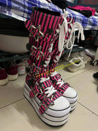 Platform Cross Tied Canvas Fashion Modern Boots Round Toe Height Increasing Metal Star Buckle Mixed Colors Knee High Boots 2024 SS69