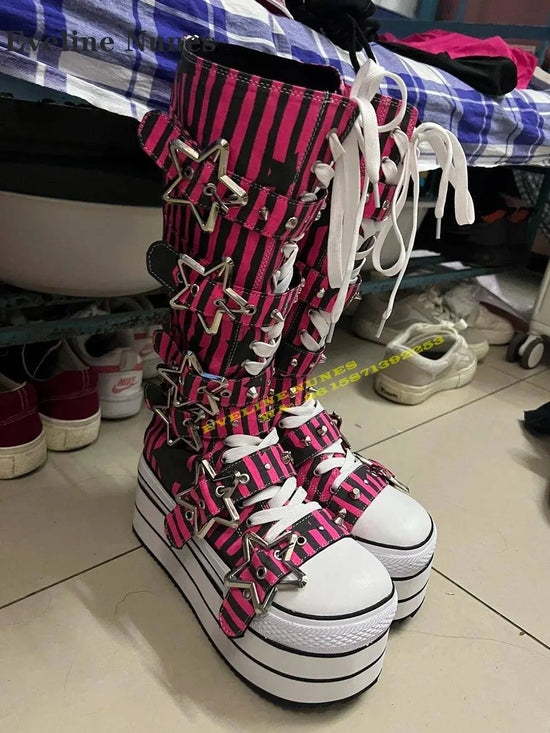 Platform Cross Tied Canvas Fashion Modern Boots Round Toe Height Increasing Metal Star Buckle Mixed Colors Knee High Boots 2024 SS69
