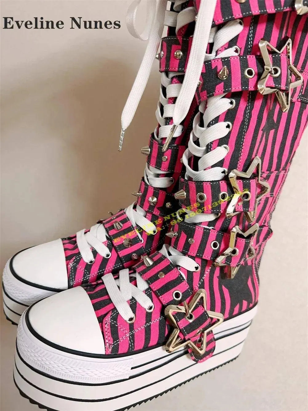 Platform Cross Tied Canvas Fashion Modern Boots Round Toe Height Increasing Metal Star Buckle Mixed Colors Knee High Boots 2024 SS69