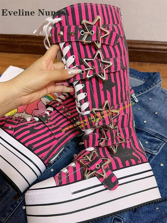 Platform Cross Tied Canvas Fashion Modern Boots Round Toe Height Increasing Metal Star Buckle Mixed Colors Knee High Boots 2024 SS69