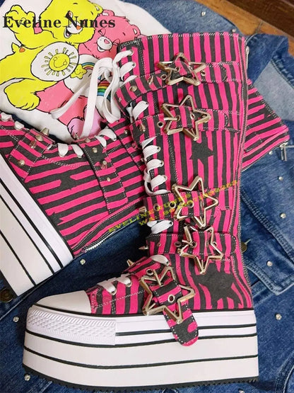 Platform Cross Tied Canvas Fashion Modern Boots Round Toe Height Increasing Metal Star Buckle Mixed Colors Knee High Boots 2024 SS69