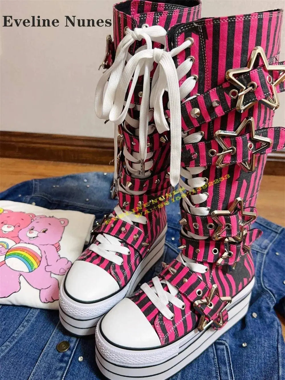 Platform Cross Tied Canvas Fashion Modern Boots Round Toe Height Increasing Metal Star Buckle Mixed Colors Knee High Boots 2024 SS69 142.69 customzie heel / CHINA / 33