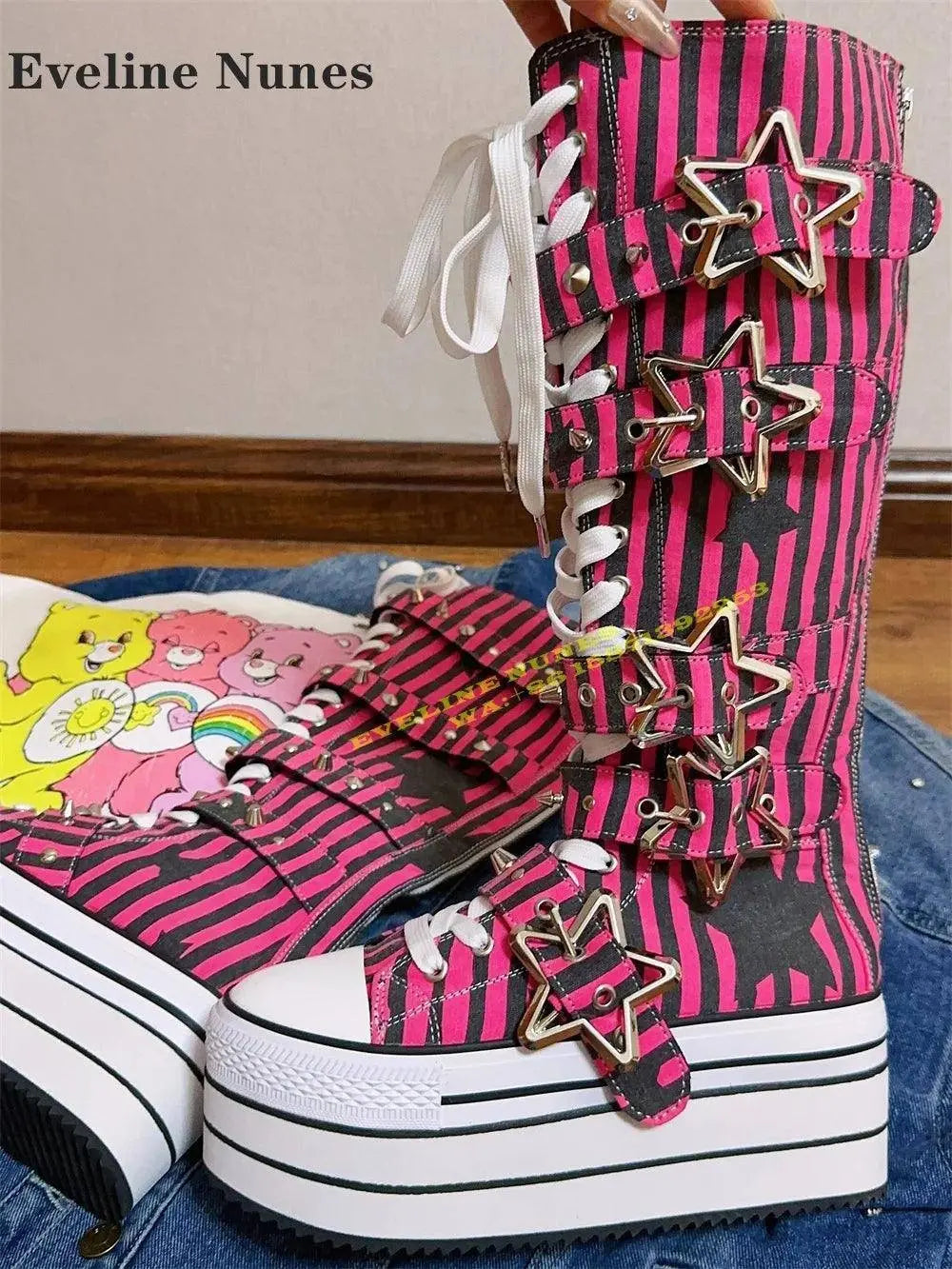 Platform Cross Tied Canvas Fashion Modern Boots Round Toe Height Increasing Metal Star Buckle Mixed Colors Knee High Boots 2024 SS69