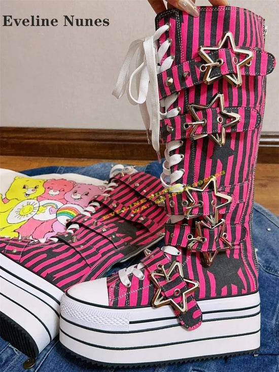 Platform Cross Tied Canvas Fashion Modern Boots Round Toe Height Increasing Metal Star Buckle Mixed Colors Knee High Boots 2024 SS69