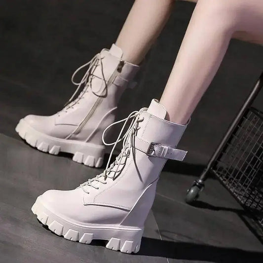 Platform Very High Heel Mid Calf Black White Shoes For Woman Women's Boots Footwear Half New Rock With Stylish Y2k Gothic - SS69