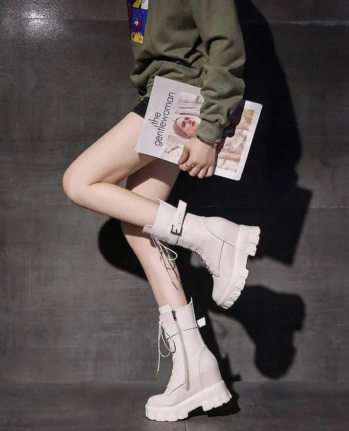 Platform Very High Heel Mid Calf Black White Shoes For Woman Women's Boots Footwear Half New Rock With Stylish Y2k Gothic - SS69