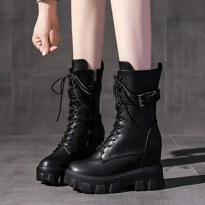 Platform Very High Heel Mid Calf Black White Shoes For Woman Women's Boots Footwear Half New Rock With Stylish Y2k Gothic - SS69