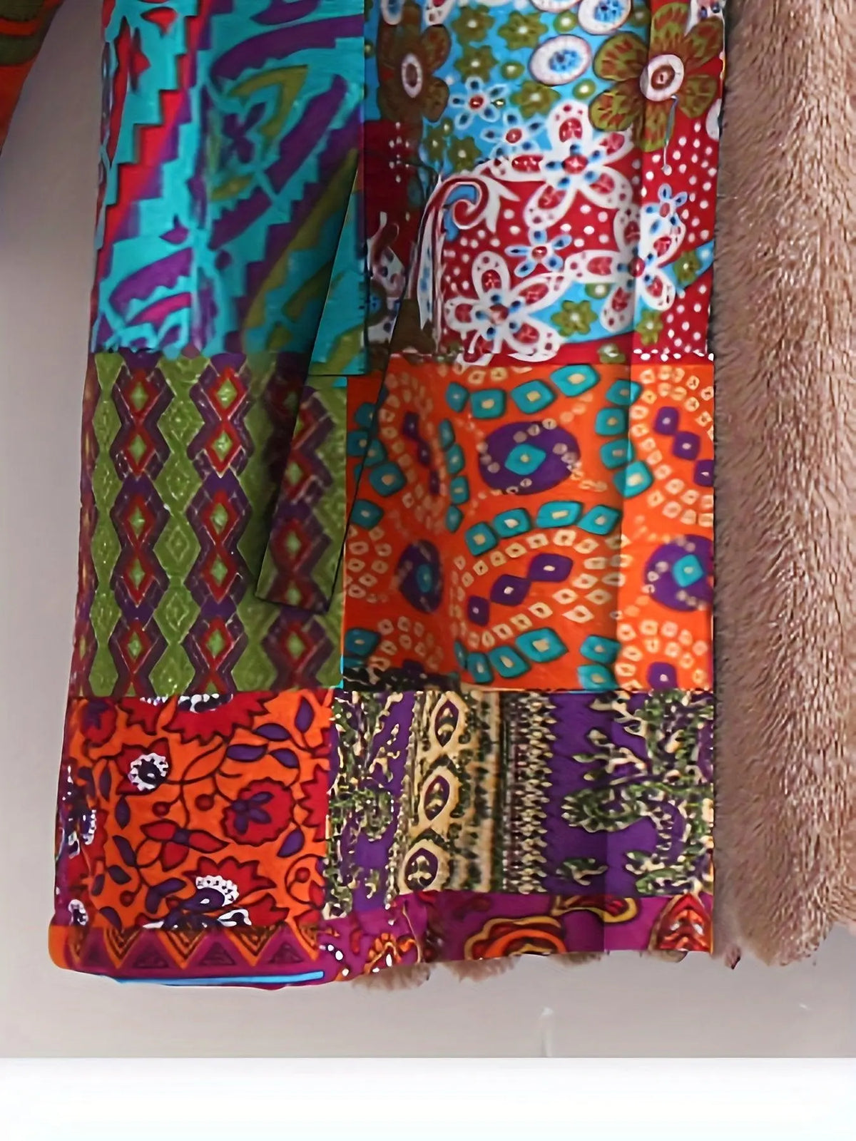 Plus Size Boho Coat, Women's Plus Patchwork Print Liner Fleece Long Sleeve Button Up Hooded Tunic Coat With Pockets - SS69