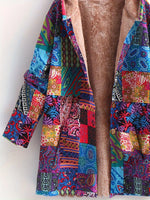 Plus Size Boho Coat, Women's Plus Patchwork Print Liner Fleece Long Sleeve Button Up Hooded Tunic Coat With Pockets SS69