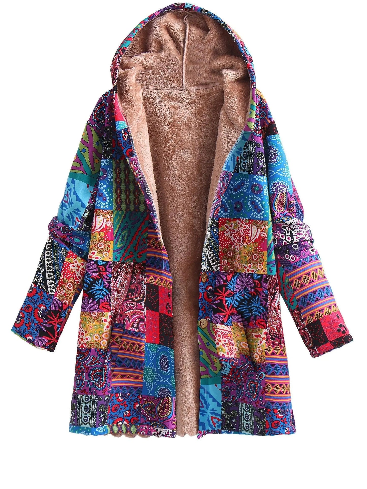 Plus Size Boho Coat, Women's Plus Patchwork Print Liner Fleece Long Sleeve Button Up Hooded Tunic Coat With Pockets SS69
