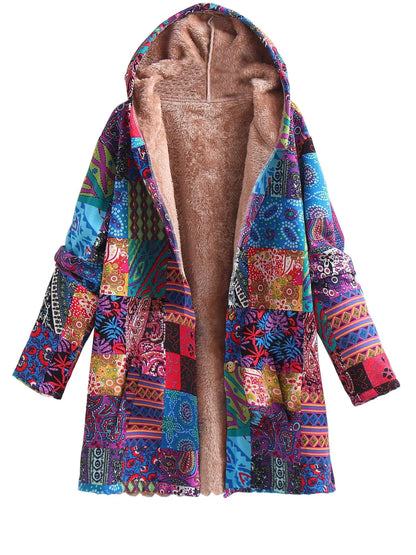 Plus Size Boho Coat, Women's Plus Patchwork Print Liner Fleece Long Sleeve Button Up Hooded Tunic Coat With Pockets SS69