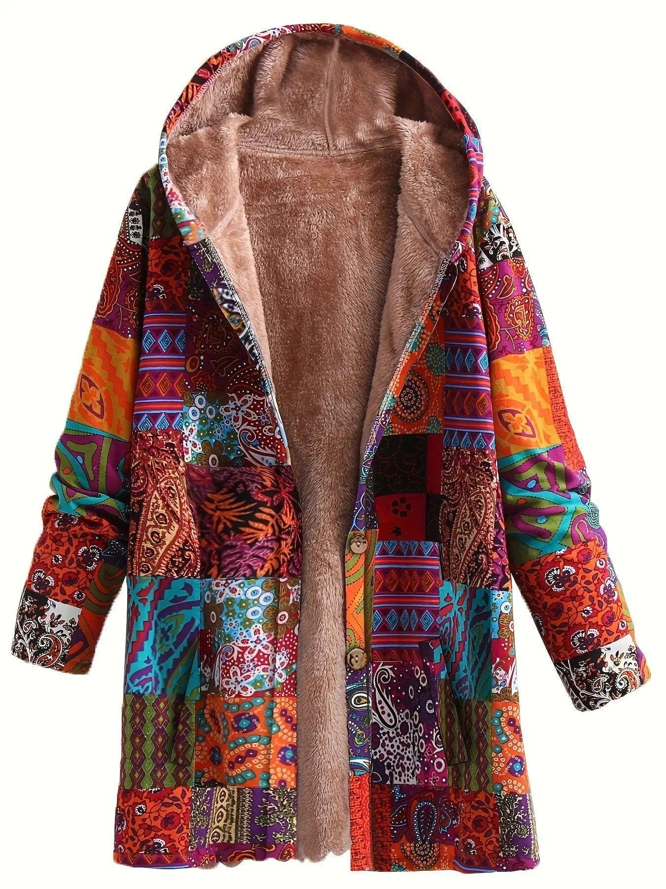 Plus Size Boho Coat, Women's Plus Patchwork Print Liner Fleece Long Sleeve Button Up Hooded Tunic Coat With Pockets SS69